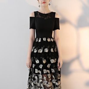 Black Cold Shoulder Ginkgo Embroidered Maxi Dress